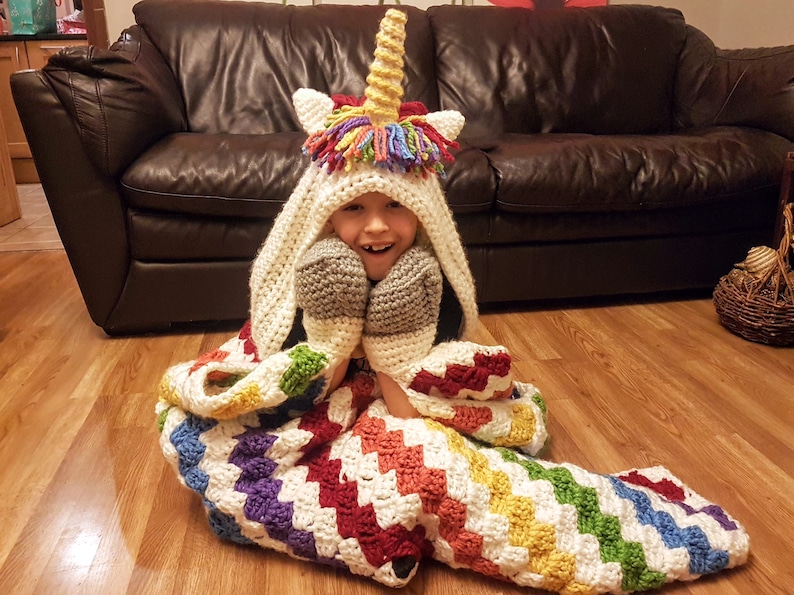 2in1 Rainbow Unicorn Hooded Blanket Crochet Pattern For Adults & Kids Wearable Blanket Christmas Birthday Gift Crochet Unicorn Hoodie Blanki image 3