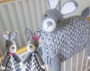 Hase Babydecke & 2 Lovey Häkelanleitungen im Set PDF | Kaninchen-Kinderzimmer Dekor | Amigurumi Kaninchen Tröster | Baby-Dusche-Geschenk