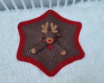 Rudolph Reindeer Baby Lovey Blanket Comforter Security Blanket Crochet Pattern - Baby Shower Gift Animal Lovey - Amigurumi Blankie For Baby