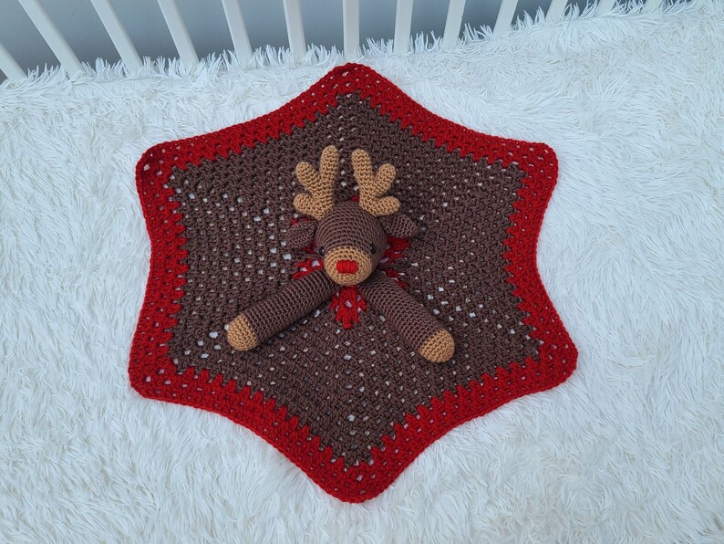Rudolph Reindeer Baby Lovey Blanket Comforter Security Blanket Crochet Pattern Baby Shower Gift Animal Lovey Amigurumi Blankie For Baby image 1