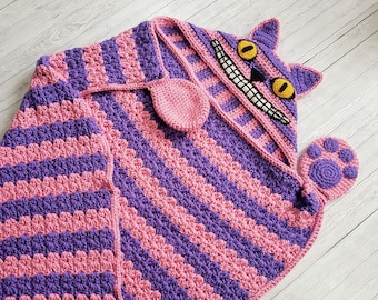 CROCHET PATTERN | Cheshire Cat Hooded Blanket PDF | Child & Adult Sizes | Folding Animal Pillow