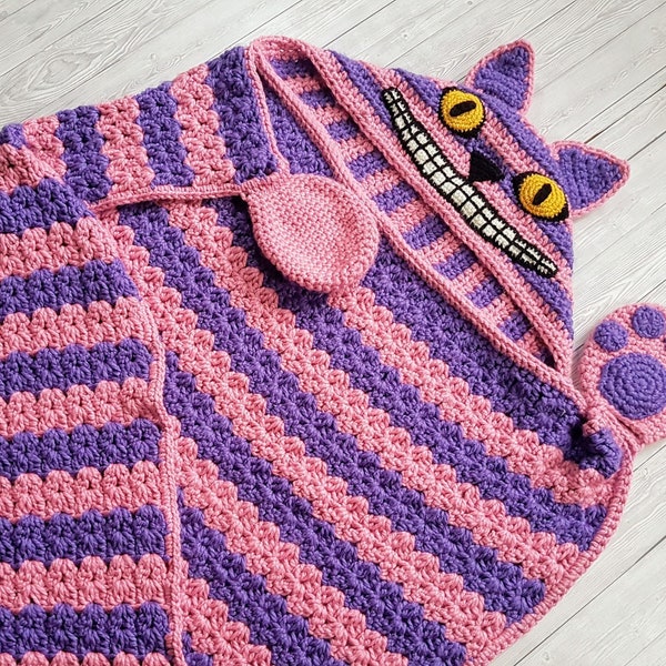 2 in 1 Hooded Cheshire Cat Blanket in Adult and Child Sizes CROCHET PATTERN Wearable Blanket Halloween Costume Birthday Gift Pink Cat Afghan