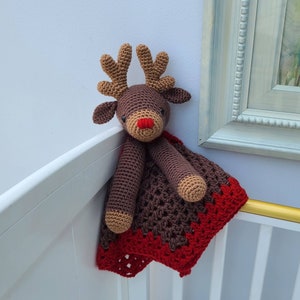 Rudolph Reindeer Baby Lovey Blanket Comforter Security Blanket Crochet Pattern Baby Shower Gift Animal Lovey Amigurumi Blankie For Baby image 2