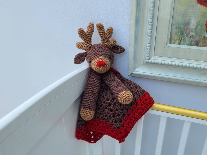 Rudolph Reindeer Baby Lovey Blanket Comforter Security Blanket Crochet Pattern Baby Shower Gift Animal Lovey Amigurumi Blankie For Baby image 2