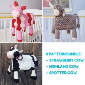 3 PATTERN BUNDLE Amigurumi Cow Baby Blankets - Scottish Highland Cow, Black Spotted Farm Cow, Strawberry Cow Baby Shower Gift Animal Blanket