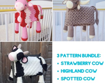 3 PATTERN BUNDLE Amigurumi Cow Baby Blankets - Scottish Highland Cow, Black Spotted Farm Cow, Strawberry Cow Baby Shower Gift Animal Blanket