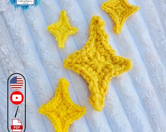 CROCHET PATTERN + VIDEO Emoji Sparkle Star 4 Sizes | Celestial Applique Motif | Kawaii Accessory | Cute Gift pdf
