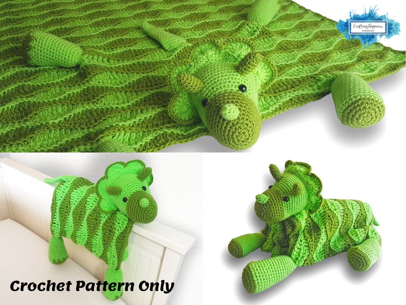 Triceratops Dinosaur Baby Blanket Crochet Pattern Stroller Blanket Baby Shower Gift For Boys & Girls Pram Blanket Dino Blanket Toy image 2