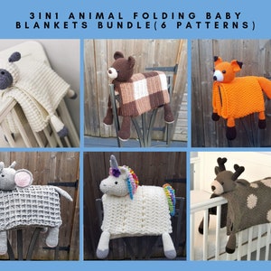 6 PATTERNS BUNDLE Of 3in1 Folding Animal Baby Blanket Toy Decorations - Sheep, Bear, Fox, Unicorn, Elephant & Deer - Baby Shower Gifts Birth