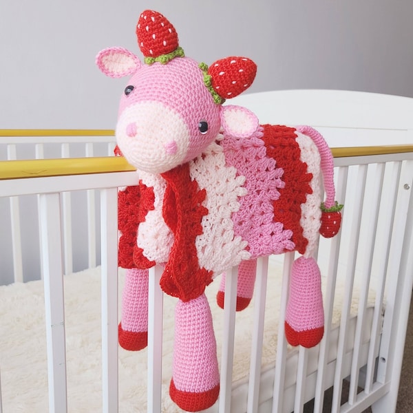 3in1 Erdbeer Kuh Babydecke Amigurumi Häkelanleitung | Rosa Kuh-Decke häkeln AmiBlanket Spielzeug Lovi Decke-Babyparty-Geschenk Geburtstag