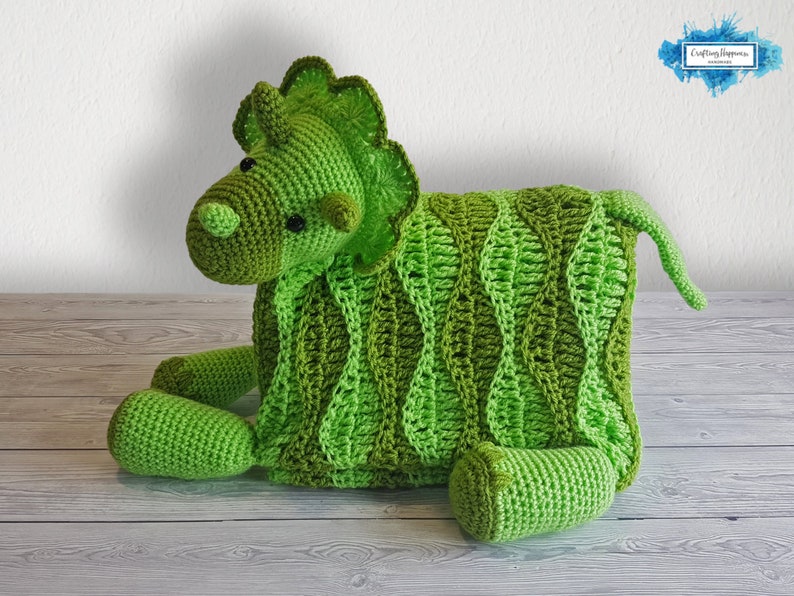 Triceratops Dinosaur Baby Blanket Crochet Pattern Stroller Blanket Baby Shower Gift For Boys & Girls Pram Blanket Dino Blanket Toy image 6