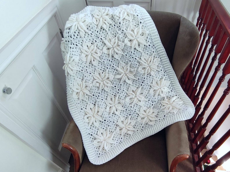 White Poinsettia Afghan Blanket Lapghan Crochet Pattern Flower Blanket Baby Shower Gift Granny Square Blanket Baby Gift Birthday Present image 8