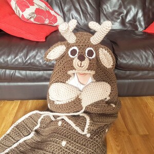 2in1 Woodland Deer Hooded Blanket Crochet Pattern Adult & Child Sizes Super Chunky Blanket Animal Fawn Deer Crocheting Blanket Gift image 9