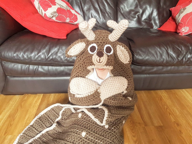 2in1 Woodland Deer Hooded Blanket Crochet Pattern Adult & Child Sizes Super Chunky Blanket Animal Fawn Deer Crocheting Blanket Gift image 9