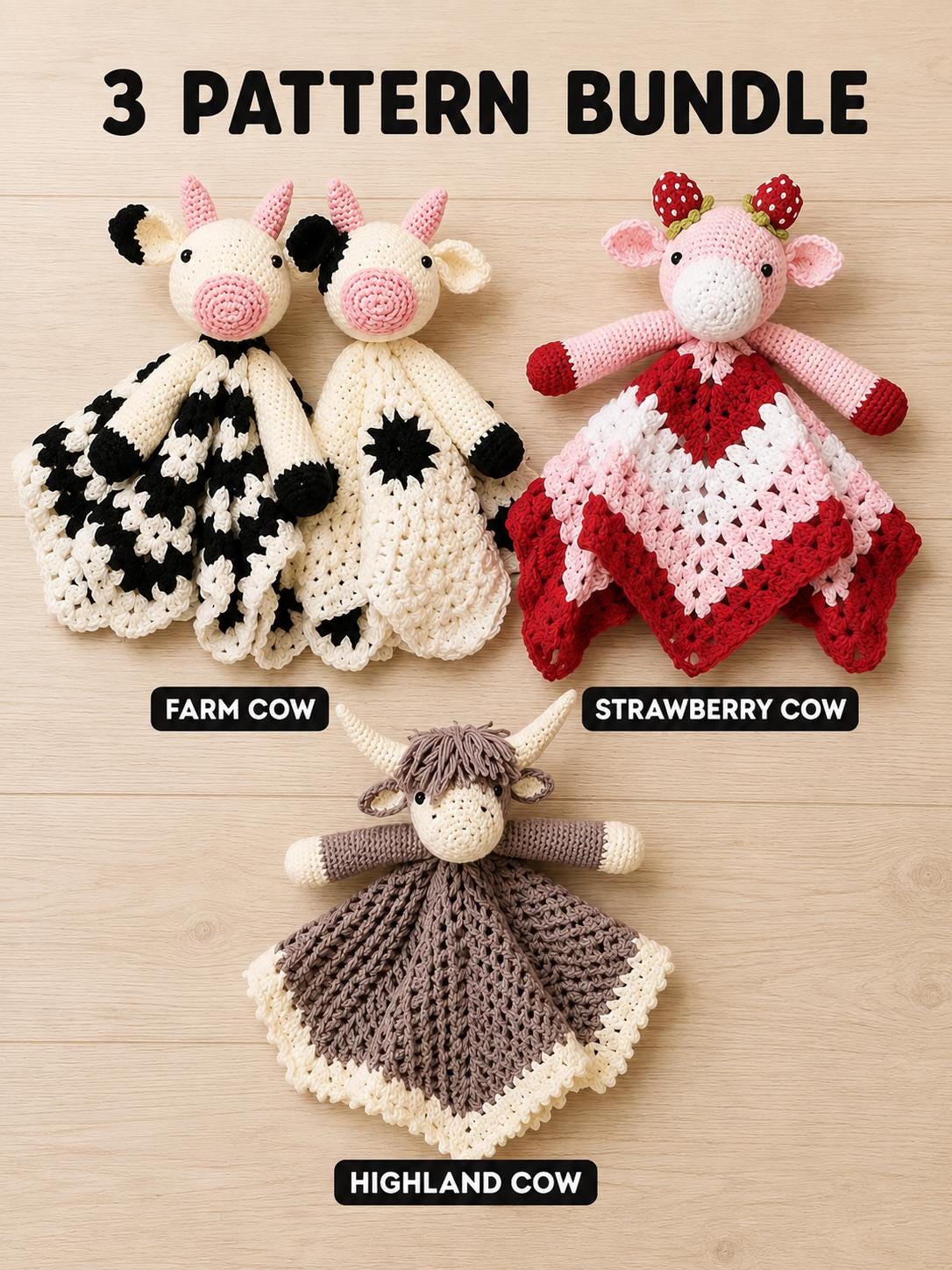 16 Strawberry Cow Crochet Patterns for Plushies, Loveys, and Blankets 16 Amigurumi Cow Lovey Crochet Bundle 3 Patterns Highland