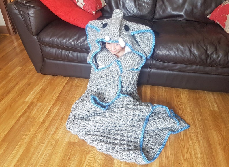 2 in 1 Elephant Hooded Blanket in Adult and Child Sizes Crochet Pattern Safari Animal Decorative Folding Blanket Birthday Christmas Gift image 3