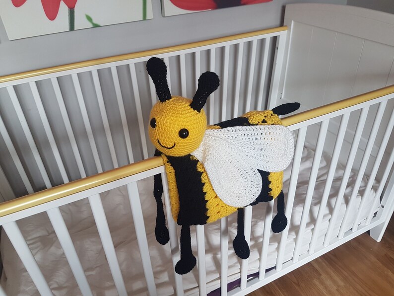 3in1 Happy Bee Folding Baby Blanket Toy Lovey Crochet Pattern Baby Shower Gift Bee Keeper Present Nursery Decoration Cot Blanket image 3