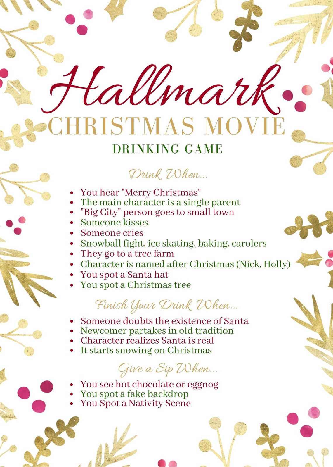 Hallmark Holiday Movie Drinking Games Printable Etsy
