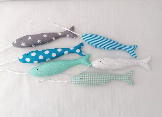 6 Fish Made of Fabric Handmade for Hanging in Blue White Turquoise for  Maritime Decoration // Bathroom Decoration // Summer Decoration 