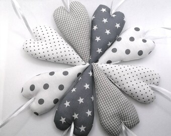 8 fabric hearts for hanging, fabric pendants in grey white for decoration in summer