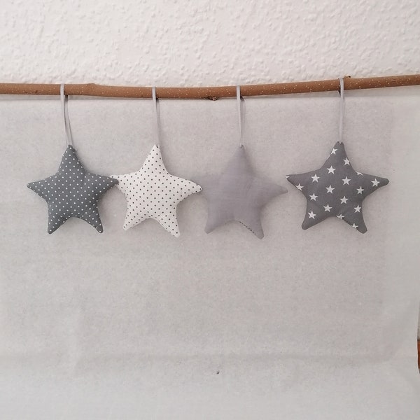 4 Stoffsterne zum Hängen in grau und weiß für die Kinderzimmer Deko // Geschenk zur Geburt // Sommerdeko Fenster