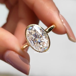 Lünette Set Oval Verlobungsring, Moissanite Ring im Ovalschliff, 14K Gold Ehering, Oval Solitär Diamantring, Jubiläumsring für Frauen