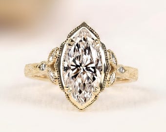 Bezel 3CT Marquise Moissanite Diamond Ring, Vintage Engagement Ring, 14K Gold Nature Inspired Ring Art Deco Wedding Ring Anniversary Ring