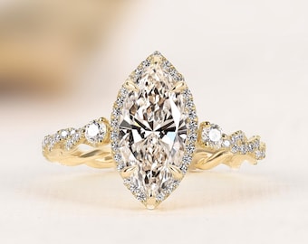Vintage 3CT Marquise Moissanite Engagement Ring, Tulip Set Hidden Halo Ring, 14K Gold Nature Inspired Ring, Art Deco Wedding Ring For Women