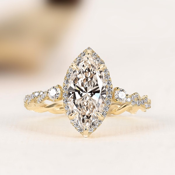 Vintage 3CT Marquise Moissanite Engagement Ring, Tulip Set Hidden Halo Ring, 14K Gold Nature Inspired Ring, Art Deco Wedding Ring For Women