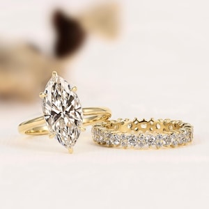 4CT Marquise Cut Moissanite Engagement Ring Set, Marquise Bridal Ring set, Hidden Halo 14K Gold Wedding Ring Set With Matching Band For Her