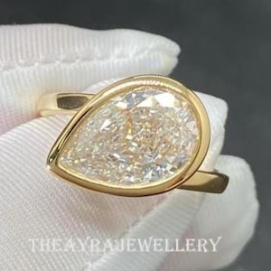 Bezel Set 3 Ct Pear Cut Engagement Ring Pear East West Moissanite Ring 14K Solid Gold Solitaire Ring Wedding Ring For Women Anniversary Ring