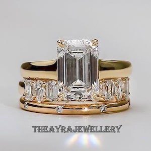 3 CT Emerald Cut Moissanite Engagement Ring Set Emerald Bridal Ring Set 14K Gold Wedding Ring Set Trio Band Ring Set Anniversary Ring Set