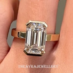 Half Bezel Set 3 CT Emerald Cut Lab Grown Engagement Ring 14K Solid Gold Solitaire Ring Wedding Ring Emerald Lab Diamond Anniversary Ring