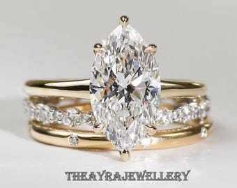 4 CT Marquise Cut Moissanite Engagement Ring Set Bridal Ring Set 14K Gold Wedding Ring Set Marquise Trio Band Ring Set Anniversary Ring Set