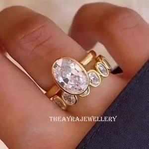 Bezel Set 3 CT Oval Cut Moissanite Engagement Ring Set Oval Bridal Ring With Matching Band 14K Gold Wedding Ring Set Anniversary Ring Set