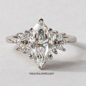 Cluster 2 CT Marquise Cut Moissanite Engagement Ring 14K White Gold Wedding Ring Art Deco Ring Nature Inspired Anniversary Rings For Women