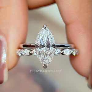 1.5 CT Marquise Cut Moissanite Ring Set Marquise Engagement Ring Set Marquise Bridal Ring Set 14K Gold Wedding Ring Set Anniversary Ring Set