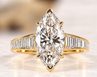 Anillo de compromiso de moissanita de corte marquesa de 4 quilates, anillo de bodas de oro de 14 quilates, anillo baguette con engaste de canal, anillo de aniversario para mujer, anillo de promesa