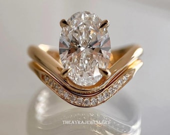 3 CT Oval Cut Moissanite Engagement Ring Set Oval Bridal Ring Set 14k Gold Wedding Ring Set With Matching Curve Band Anniversary Ring Set