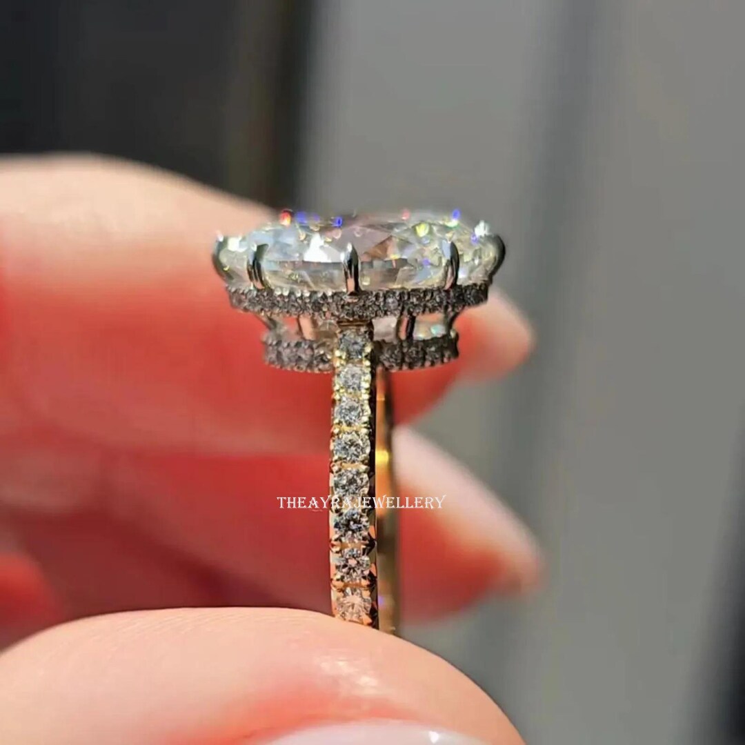 3 CT Oval Cut Moissanite Engagement Ring Double Hidden Halo 14K Solid ...