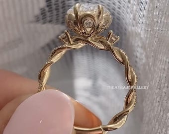Vintage Oval Cut Moissanite Ring 3 CT Oval Engagement Ring Tulip Set Twisted Band Ring 14K Gold Wedding Ring Nature Inspired Ring For Women