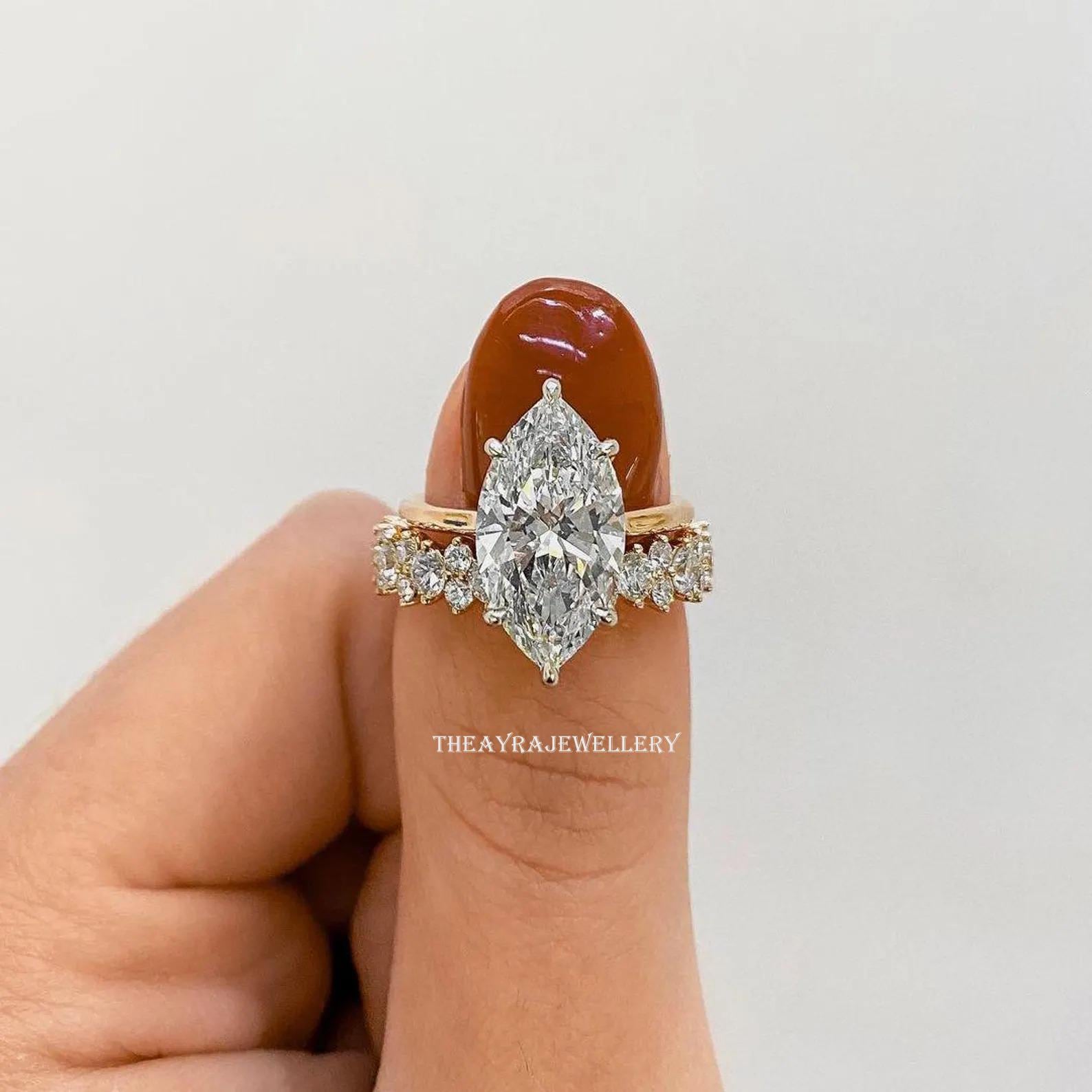 4 CT Marquise Cut Moissanite Engagement Ring Set Marquise Bridal Ring set Hidden Halo 14K Gold Wedding Ring Set With Matching Band For Her