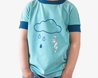 Shirt with rain cloud and turquoise lightning