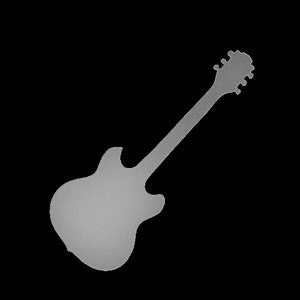 Puede incluir: Una silueta plateada de una guitarra eléctrica con un cuerpo sólido y un cuello largo.