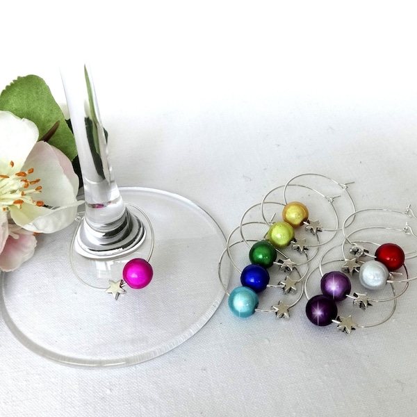 Glass markers, star-shaped, colorful, cat's eye, 10-piece set, silver-plated, glass pendants, miracle, champagne glass, advent calendar, stemware, party star