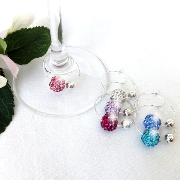 Glass markers, rhinestone Shamballa, colorful, set of 6, silver-plated, round glass pendants for champagne glasses, wine glasses, stemmed glasses, party decorations, and place cards.