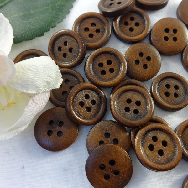 10 Holz Rund Knöpfe 15 mm Vintage Retro Knopf Tracht Oktoberfest Wiesn Jacke Baby Kinder Natur Dirndl button 4 Loch Hole braun Dunkelbraun