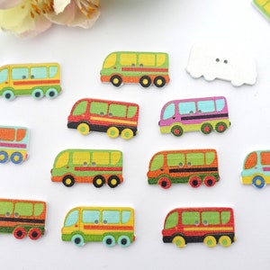 5 boutons en bois bus bus 16 mm bouton garçons garçons bébé boutons enfants bouton 2 trous trou veste coloré rouge jaune vert bleu blanc véhicule autobus scolaire