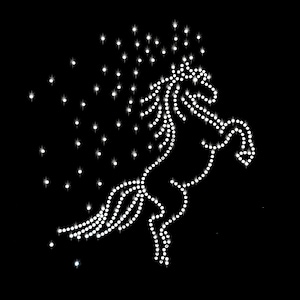 Può includere: Una silhouette di cavallo bianco realizzata con strass, con un effetto scintillante, su uno sfondo nero.