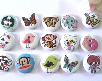 10 Holz Tiere Zoo rund Knöpfe 15 mm VINTAGE Knopf Kinderknöpfe Babyknöpfe klein Jungen Baby Kinder button 2 Loch Hole bunt weiß Affe Vogel